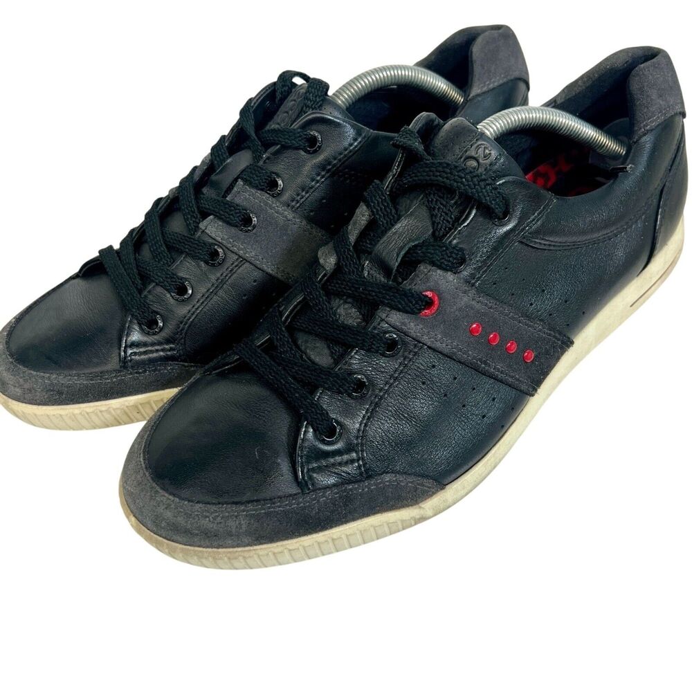 Ecco‎ Mens Black Leather Golf Sneakers Size 44 With Red Accents